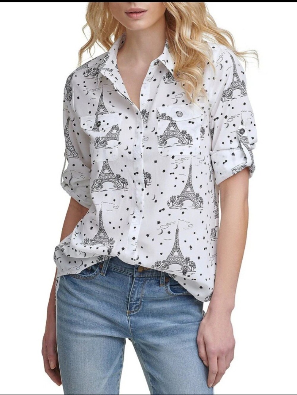 2X NWOT Karl Lagerfeld Paris Eiffel Tower Printed Button Front Top